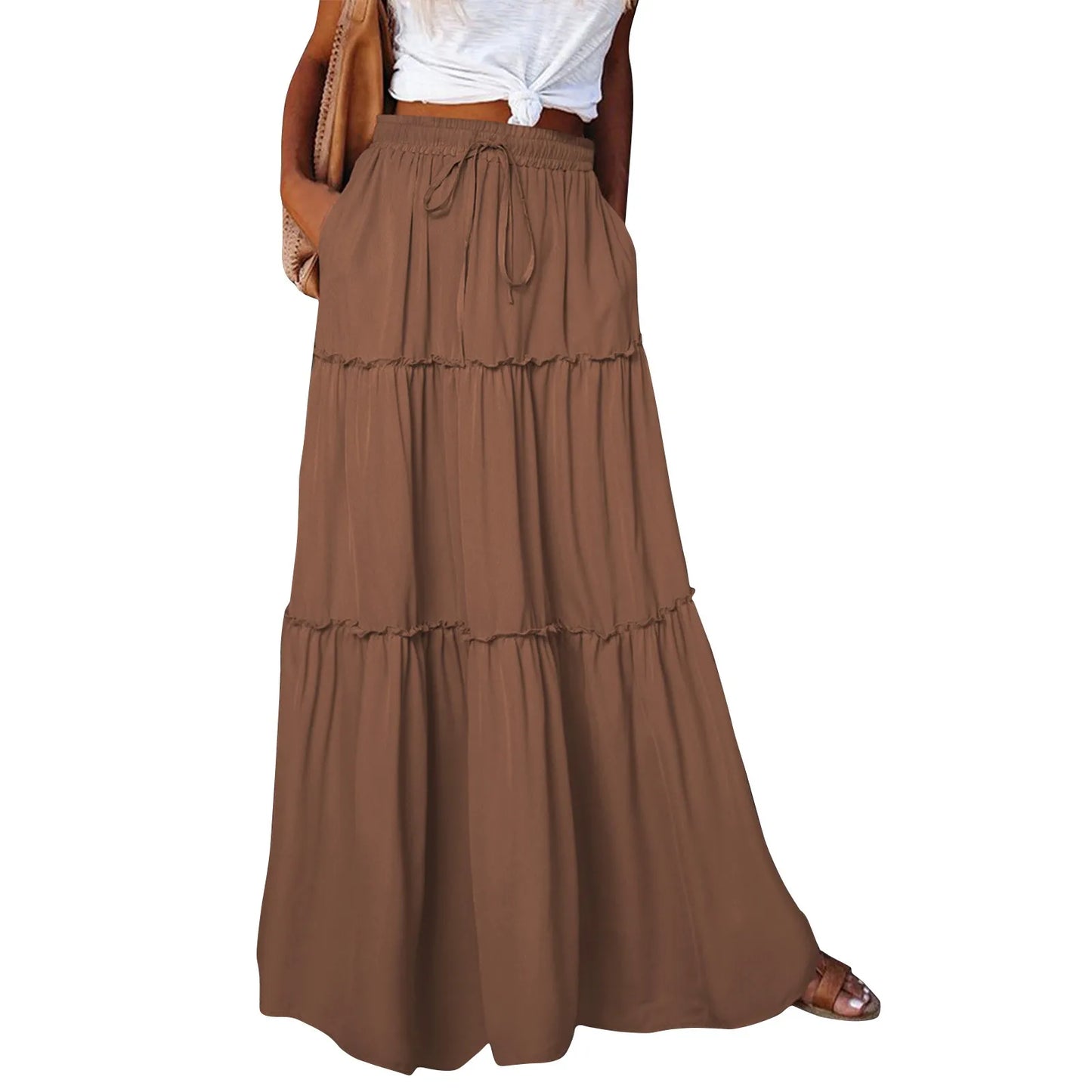 Women long skirt Fashion Solid Color Long Skirts Elastic Waist faldas Loose Casual High Waist saia Versatile Half-Body Dress