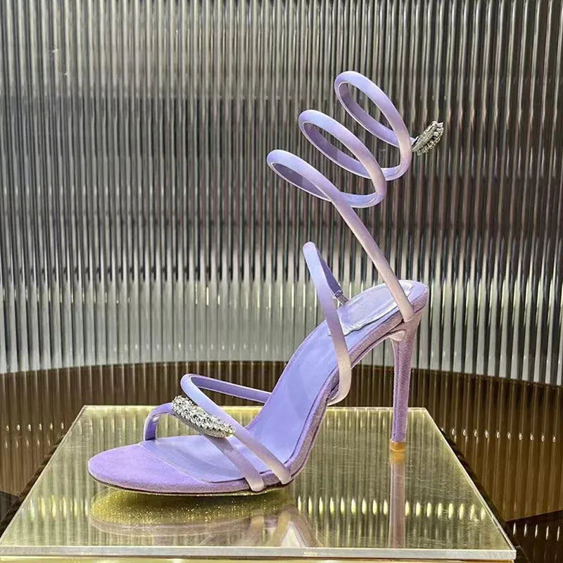 Summer High Heels Sandals Woman Butterfly-knot Rhinestone Snake Twine Around Ankle Strap Wedding Shoes Thin Heels Sandals Women