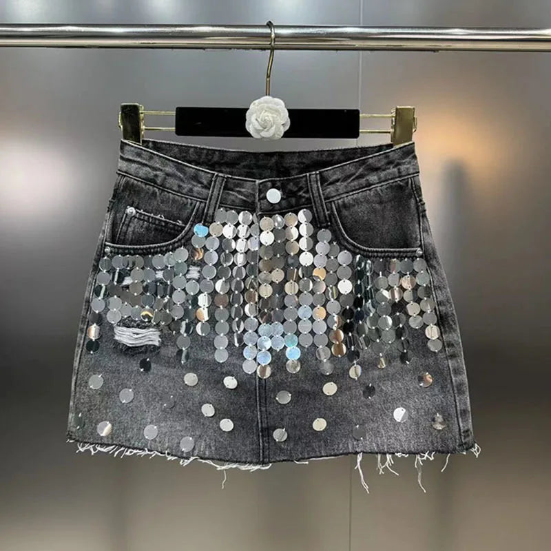 DEAT Sequins Decoration Denim Skirts For Women 2024 Summer New Items High Waist Wrap Hip Skirt Female Trendy Fashion 29L7154