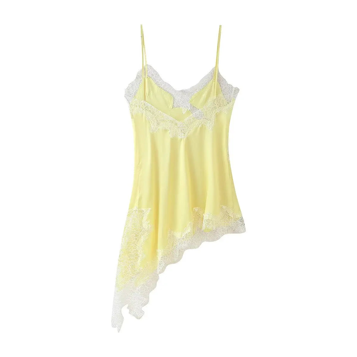 KONDALA Satin Sexy Lace Spliced Short Sling Dress Women Sleeveless Backless Asymmetric Sexy Party Dresses 2025 Autumn Lady Dress