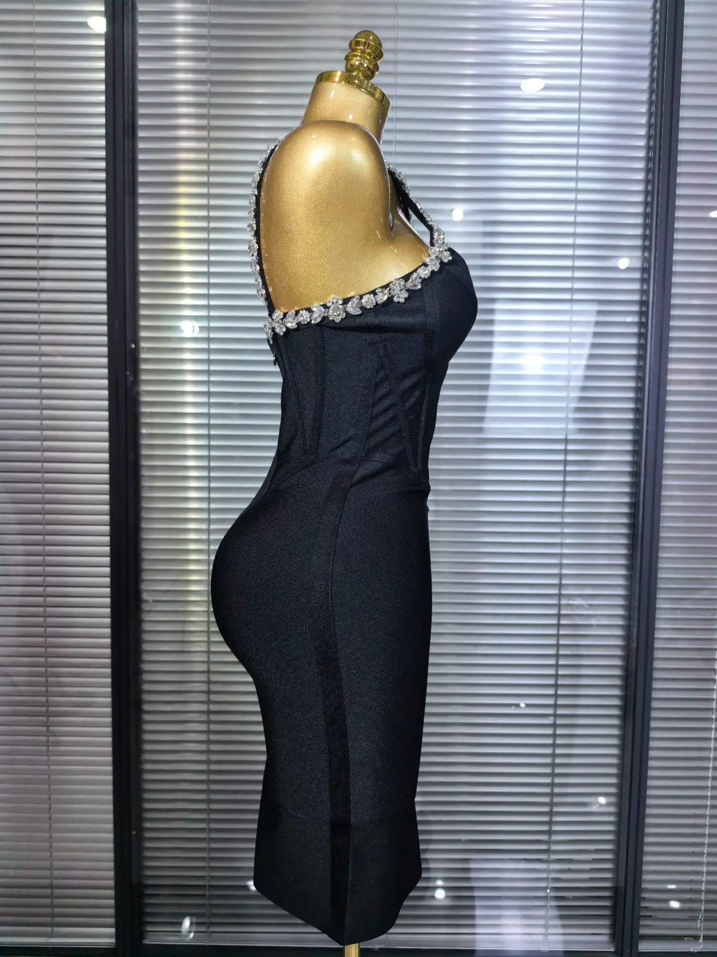 Black Color Women Sexy One Shoulder Shinning Crystal Bodycon Mini Bandage Dress Celebrate Nightclub Party Birthday Outfit