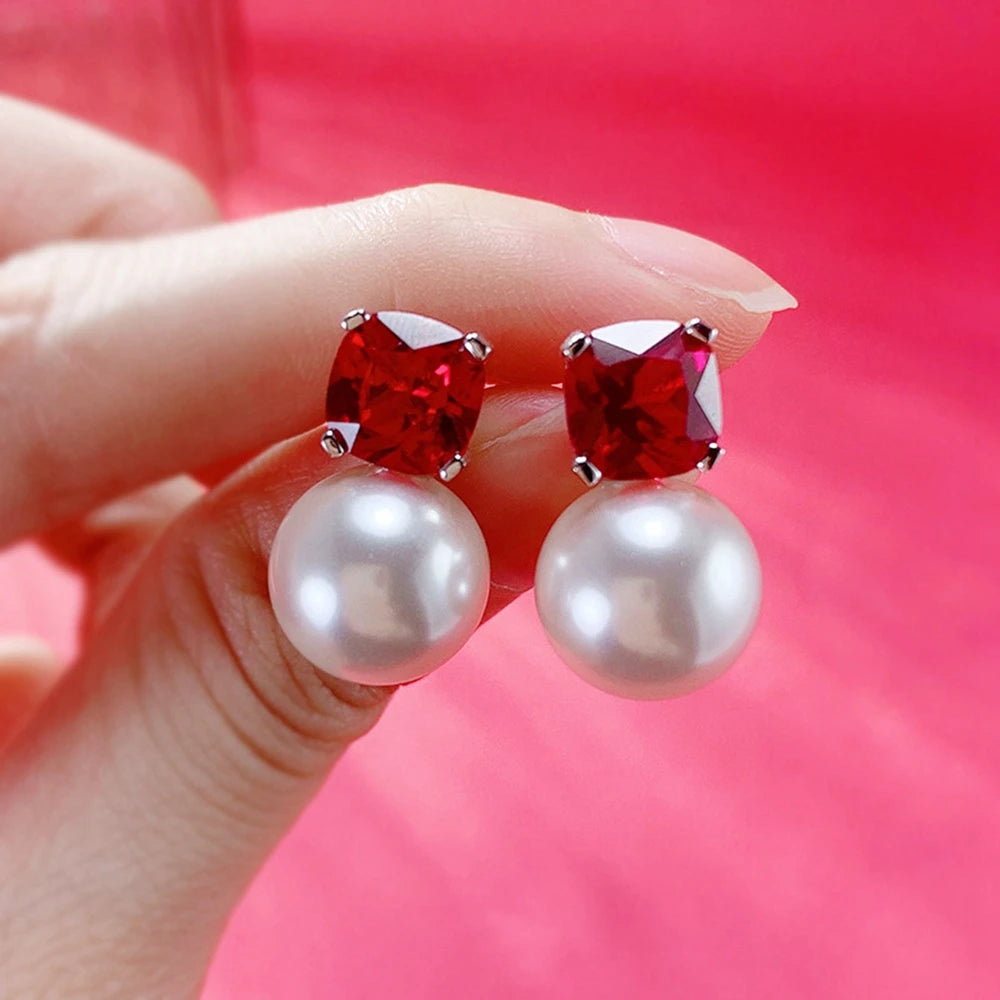 Vinregem 12 MM Pearl Ruby Gemstone Vintage Ear Studs Earrings for Women 925 Sterling Silver Fine Jewelry Wedding Party Wholesale