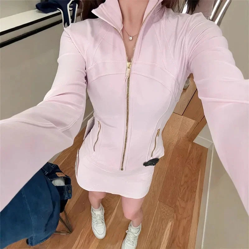 Light Blue Yoga Wear Women's Thin Outerwear 2025 New Shoulder Fit Waist Cinch Early Autumn Fishbone Sports Top