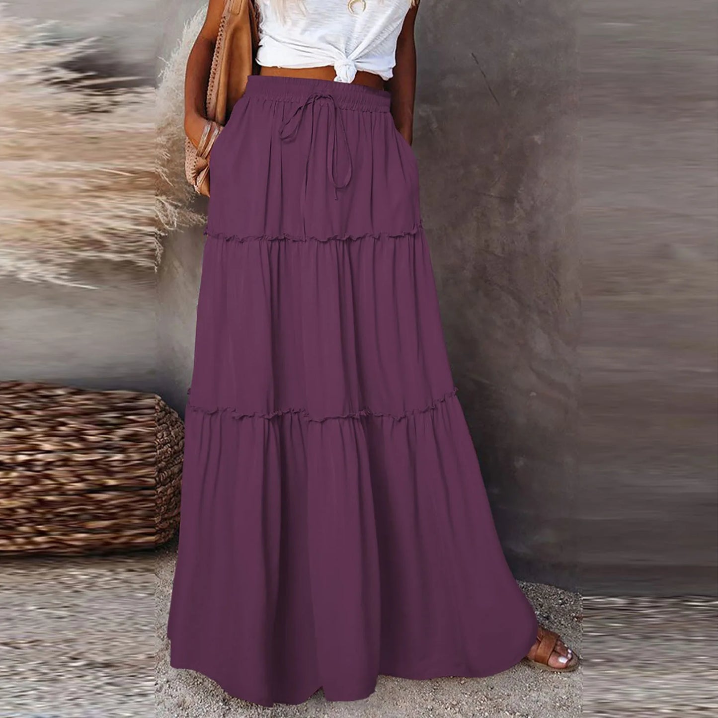 Women long skirt Fashion Solid Color Long Skirts Elastic Waist faldas Loose Casual High Waist saia Versatile Half-Body Dress