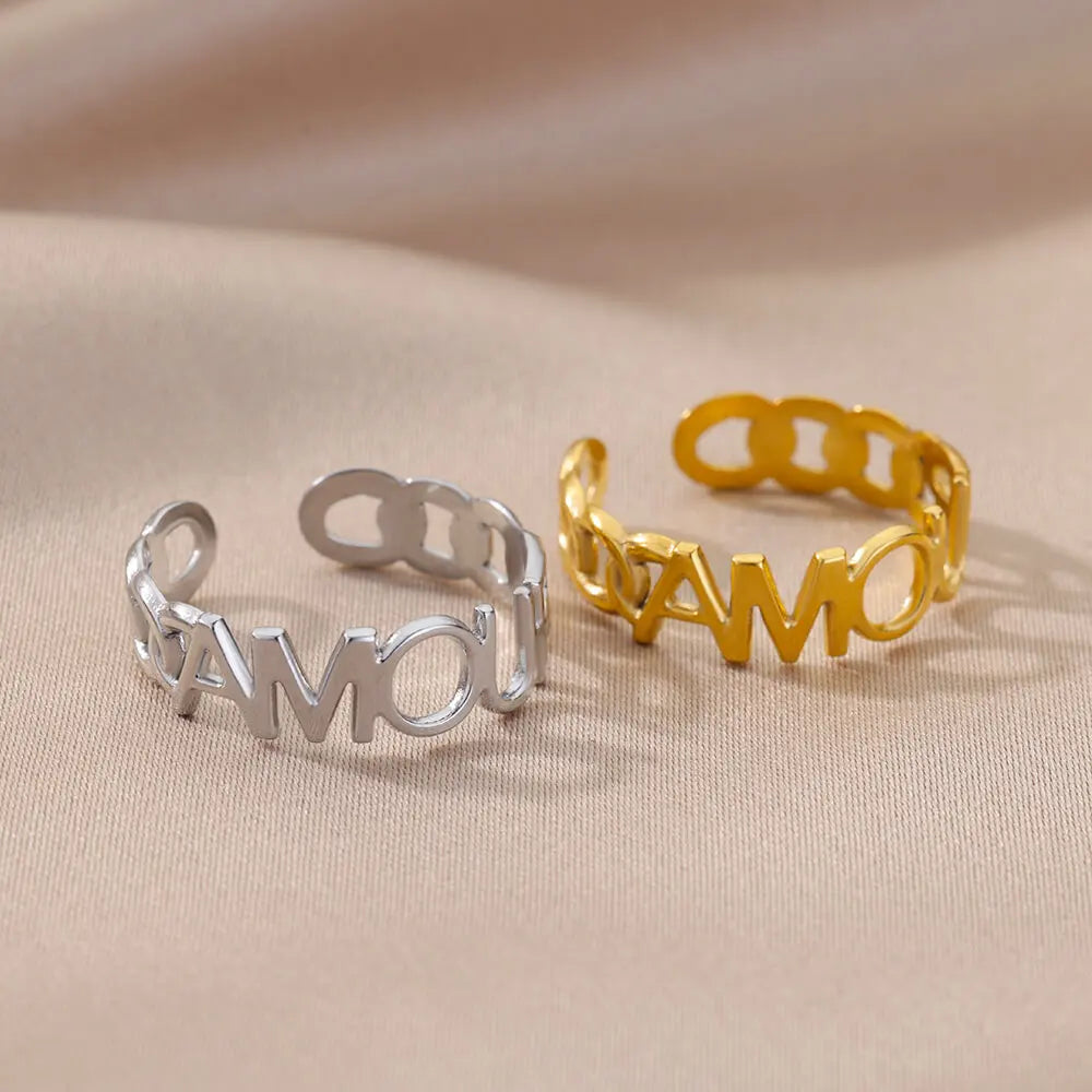 Stainless Steel Twist Chain Adjustable Rings for Women Men Simple Geometric Leave Flower Open Ring Jewelry Female Holiday Gifts