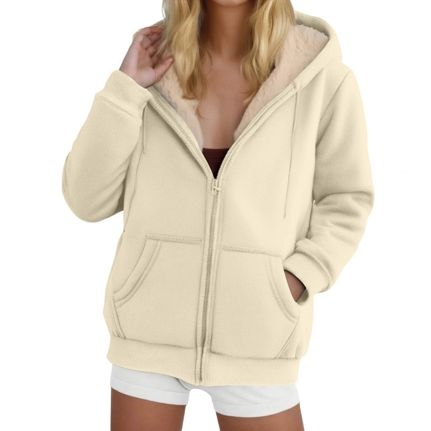 Women's Fleece-Lined Thickened Hooded Sweatshirt Solid Color Autumn Winter Thick Warm Hoodies Zipper Up Pocket Loose Jackets