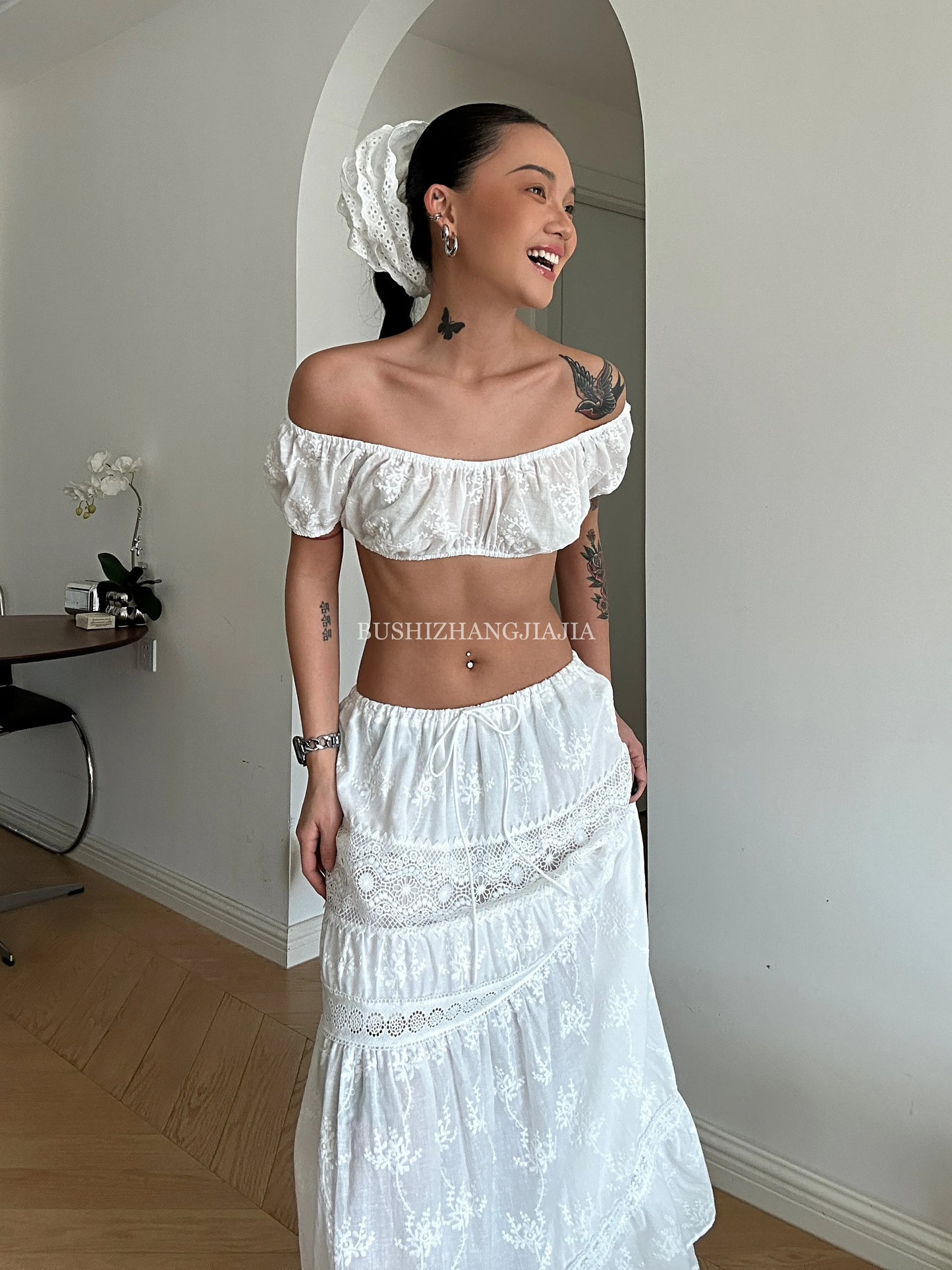 Women White Summer Outfit Botanical Garden Maxi Skirt