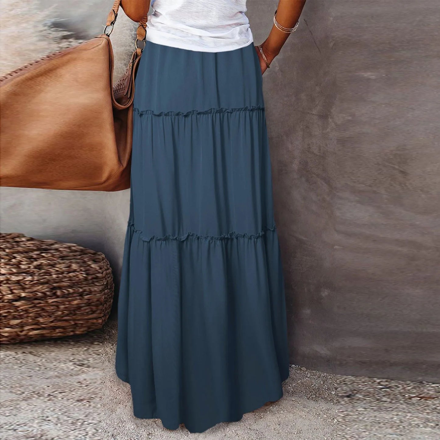 Women long skirt Fashion Solid Color Long Skirts Elastic Waist faldas Loose Casual High Waist saia Versatile Half-Body Dress