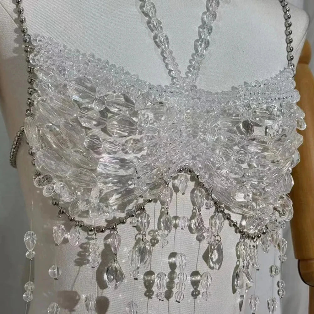 Sexy Europe And The United States Crystal Pearl Female Vest Handmade Street Shooting Bra Top Hollow Body Chain Holiday Swimsuit