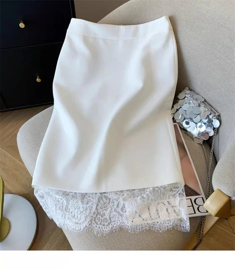 Autumn New Sexy Women's Slim Temperament Bag Hip Skirt Elegant Lace Patchwork Office Lady Midi Skirt Fashion Split Jupe 432P