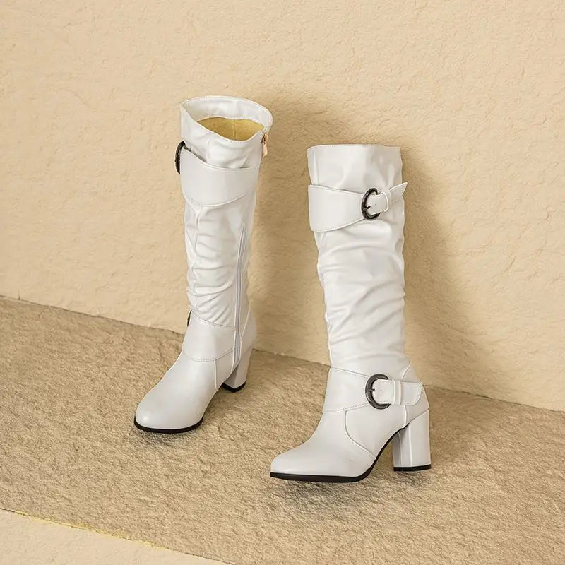 REAVE CAT Classic Women Knee High Boots Round Toe Block Heels 7.5cm 51 52 Pleated Fashion Booties