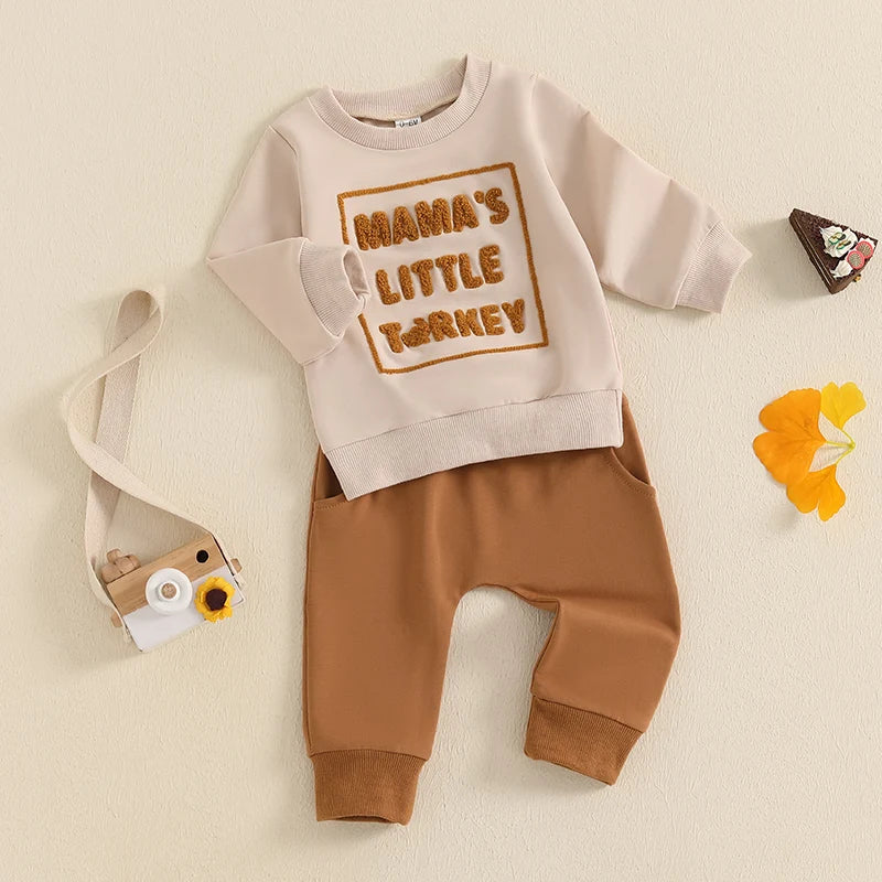 Adorable Baby Thanksgiving Clothes Set with Cute Embroidered Sweatshirt and Solid Pants for Toddler Boys and Girls