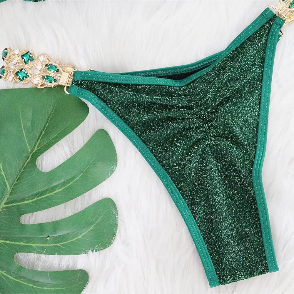 Sexy Bikinis Swimsuits Woman 2025 Luxury Rhinestones Push Up Diamond Thong Swimwear Shiny Gold Beach Bathing Suit Bikini Set