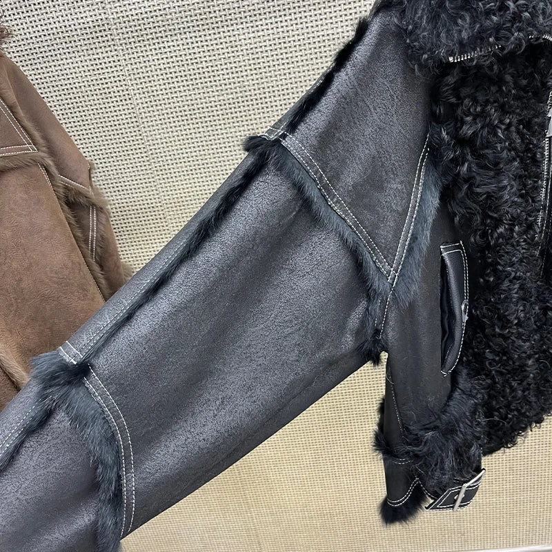 2025 New Real Fur Coat Winter Jacket Women Natural Rabbit Fur Lambswool Collar Luxury Outwear Loose Thick Warm Female Coat