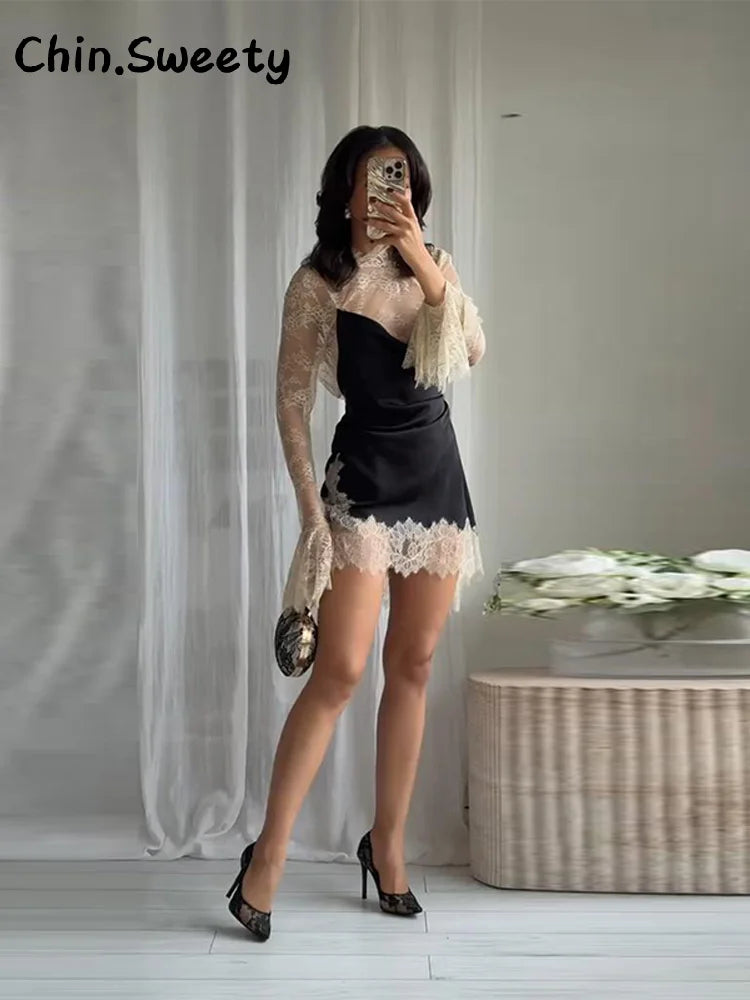 Elegant Lace Patchwork Satin Mini Dress Women High Collar Flare Sleeve See Through Party Dresses 2025 Autumn Lady Evening Robes