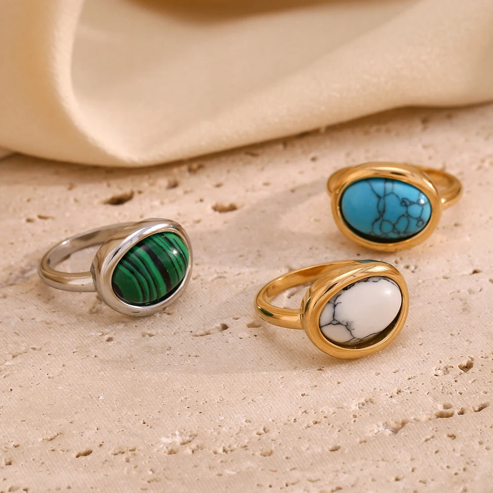 E.B.belle Minimalist Style Gemstone Ring Oval Shape Natural Stone 18k Gold Plated Stainless Steel Jewelry For Women Party GIft