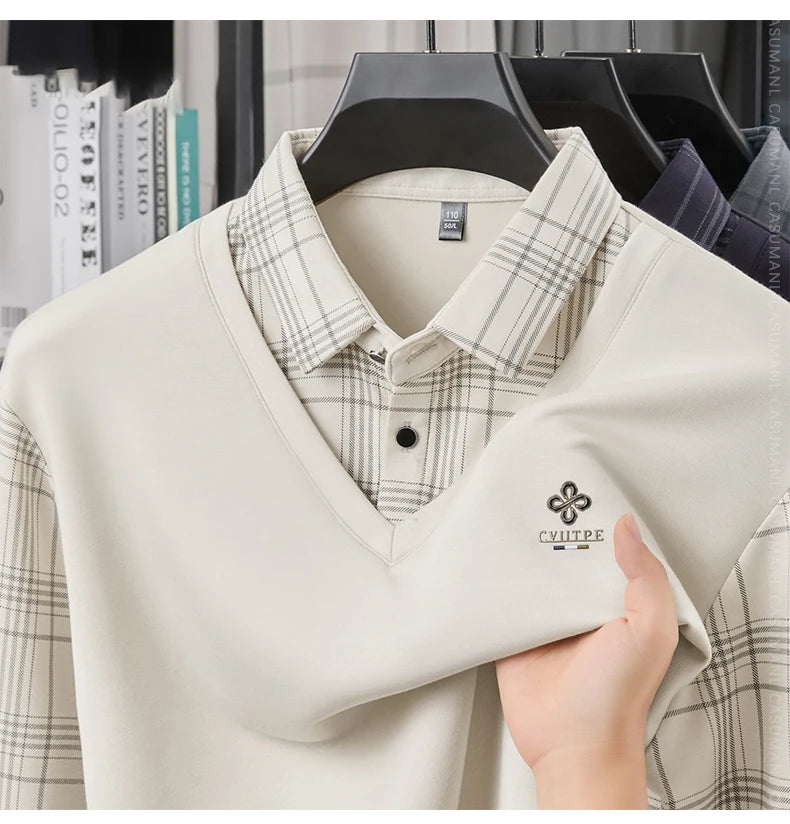 TFETTERS Long Sleeve Polo Shirt Men 2025  Autumn New Business Slim Fake Two Shirt Man Casual Loose Plaid Graphic Shirt for Men