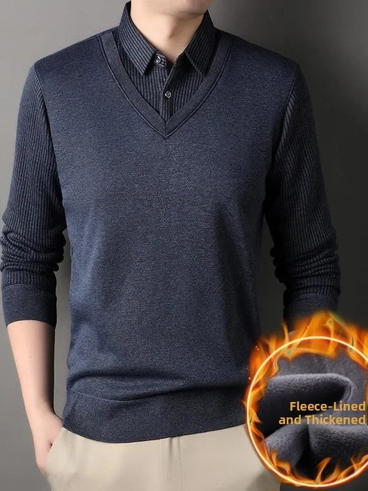 Men's Long Sve Fce Lined Knitted irt Busin Casual Sle Winter Warm Top Fake Two-Piece Design Comfortable Fit
