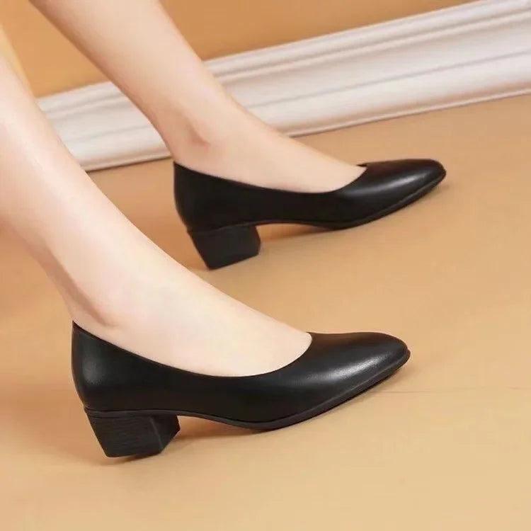 Black Interview Shoes for Women Hotel Work High Heel Soft Bottom Leather Single Shoes Summer Season Adult Footwear