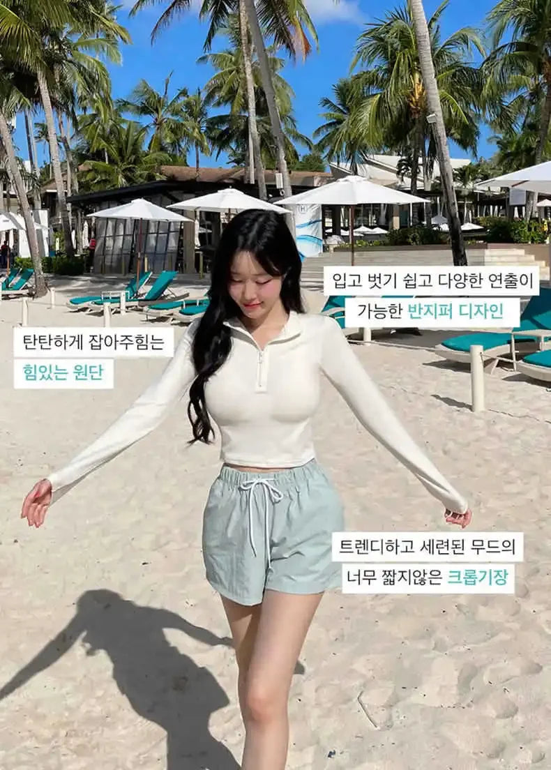 Fashionable Korean Dongdaemun Long Sleeve Women's Swimsuit Casual Beach Vacation Two Piece Conservative Student Bikini Set