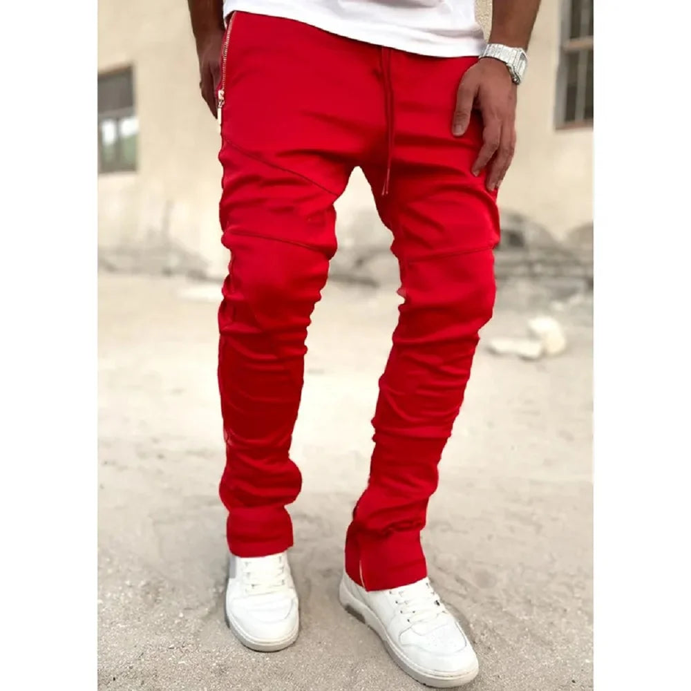 Autumn Men's Footband Solid Color Sports Pants Stretch Slim Cotton Zipper Pocket Draw Rope Fashion Running Casual Sports Pants