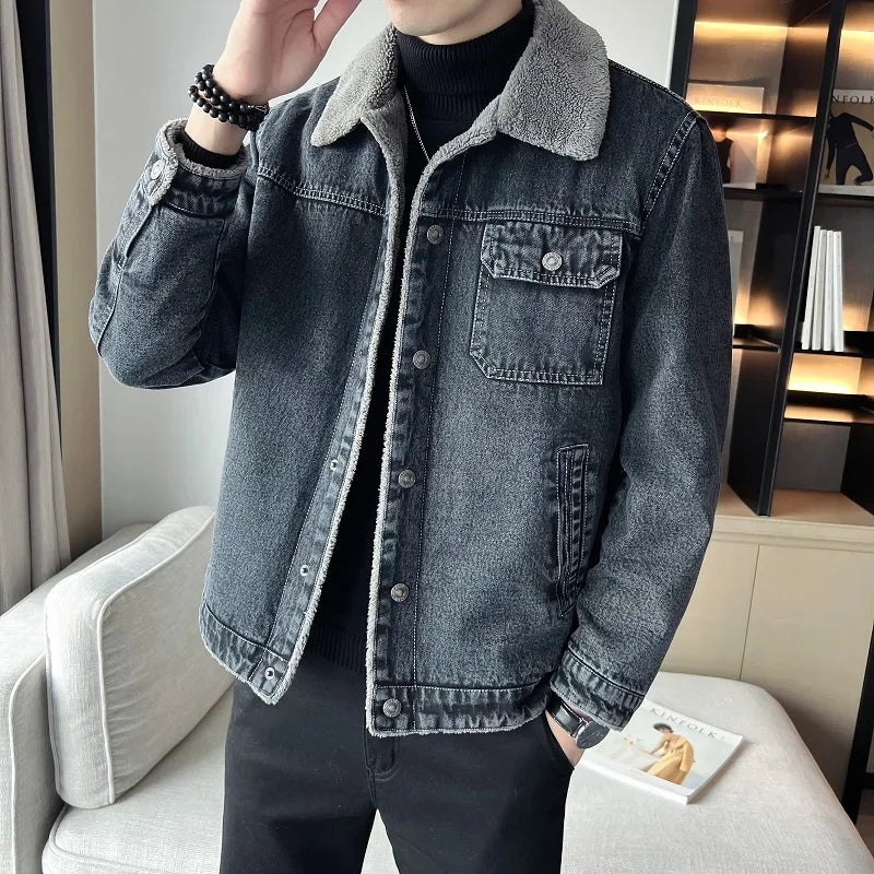 Men Denim Jacket Men Fleece Trendy Winter Velvet Coats 2025 Men Korean Slims Casual Thick Jacket Male Lamb Fur Casual Outerwear