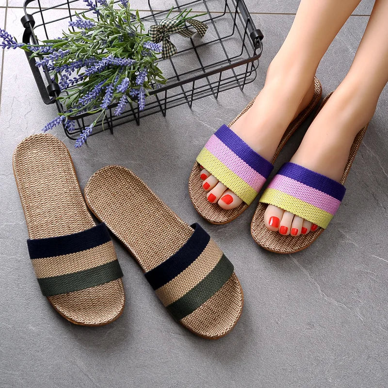 Women's EVA Linen Slippers Couple Indoor Slippers Cotton Home Non-slip Thick Bottom Summer Sandal Slippers Men