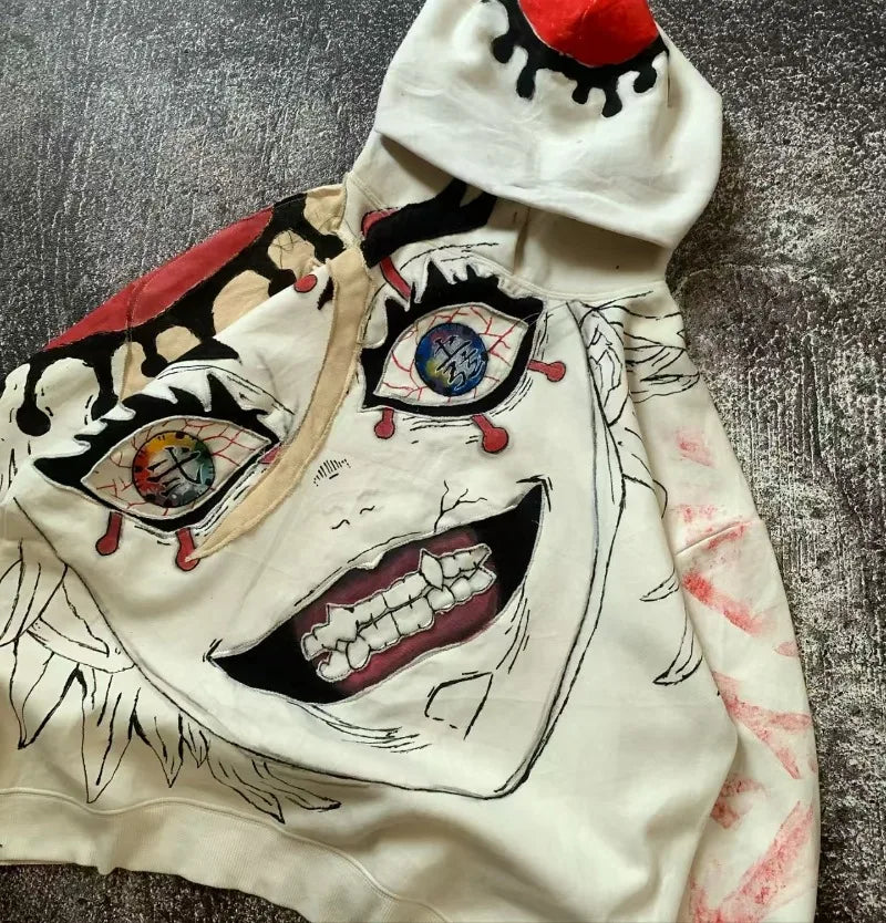 Y2K High Street fashion anime character patchwork design men hoodie punk hip-hop top loose pullover oversized casual sportswear