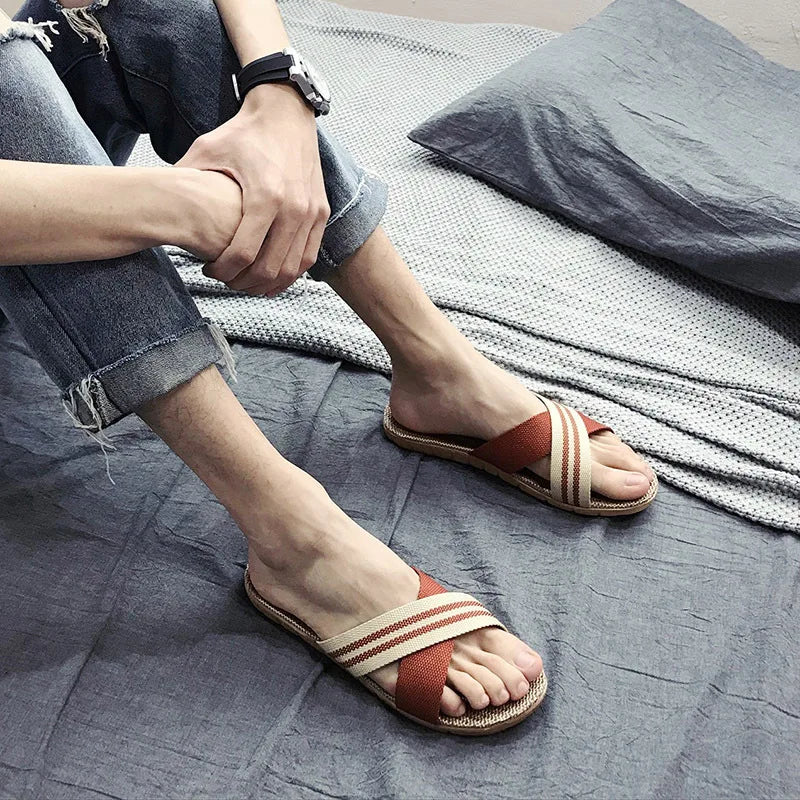 Women's EVA Linen Slippers Couple Indoor Slippers Cotton Home Non-slip Thick Bottom Summer Sandal Slippers Men