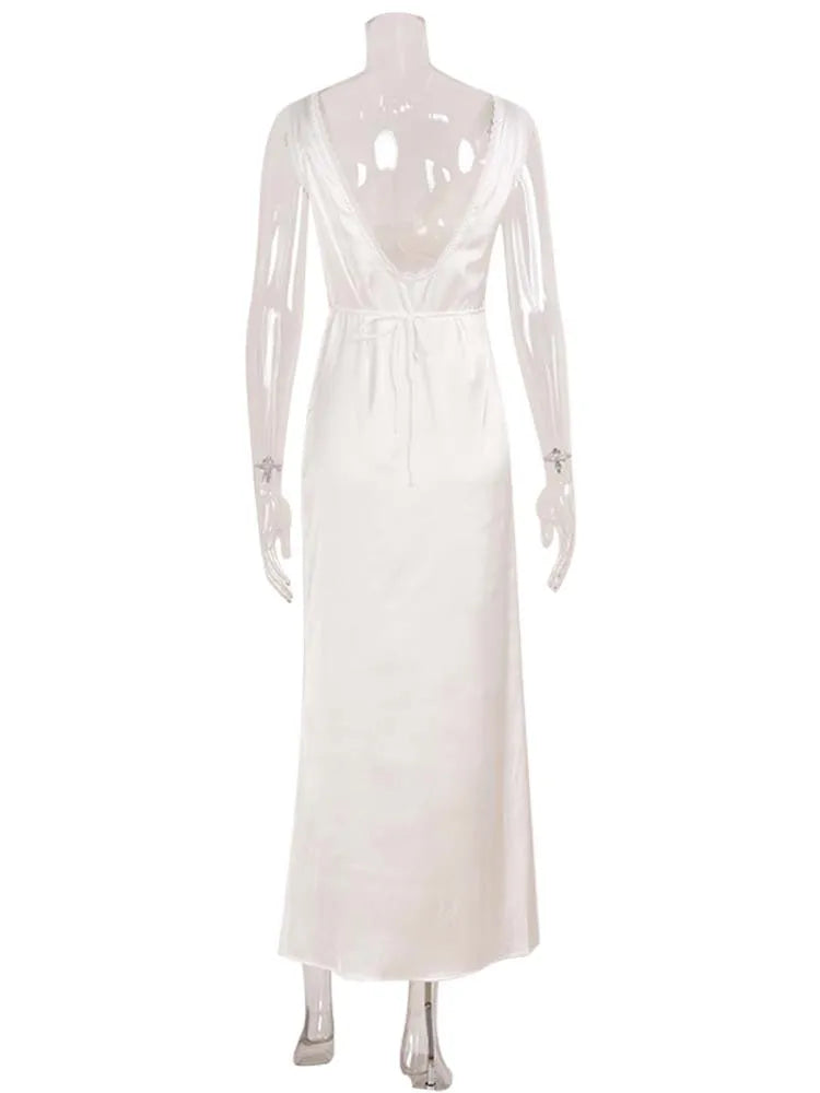 Ahagaga Eelgant Women Dresses Solid Satin Deep V-Neck Lace Up Patchwork Sweet Regular Causal Sheath Party Female Vestidos Robes