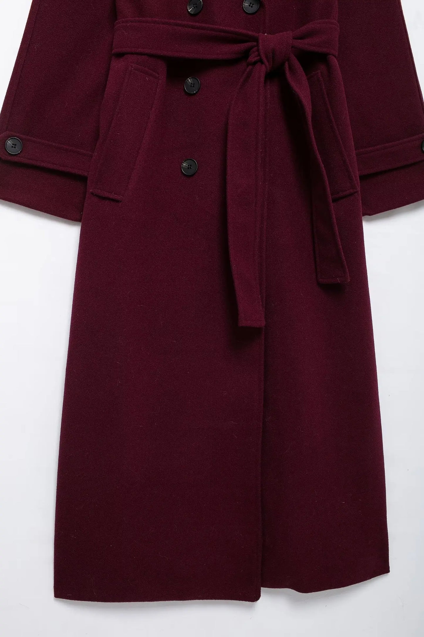 HH Women Elegant Wine Red Coat With Belt Lapel Full Sleeve Double Breasted Lady Overcoat Autumn Winter Female Outwear