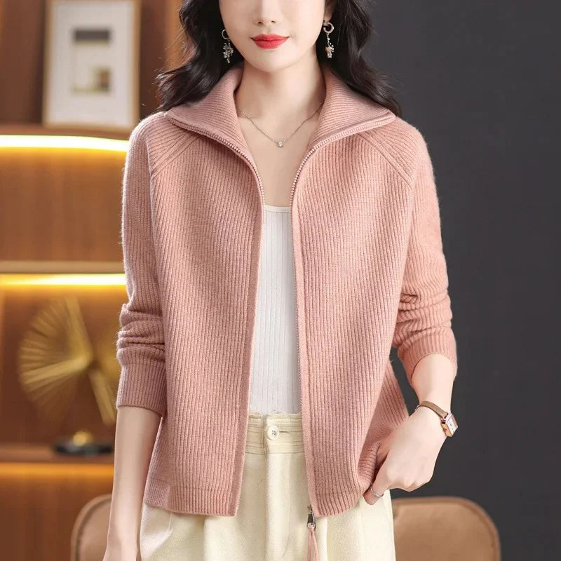 Women's Knitted Open Cardigan Coat Double Zipper Flip Collar Outerwear Fashionable Spring Autumn Winter New Arrival Top