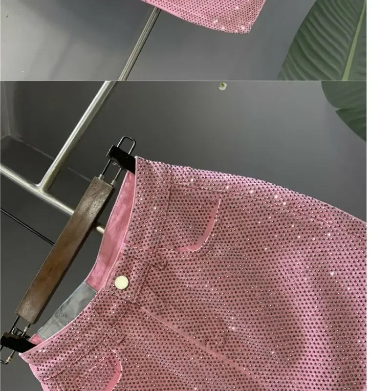 Heavy Industry Hot Drilling High-End Denim Skirt 2024 Spring And Summer New High Waist Pink Sexy