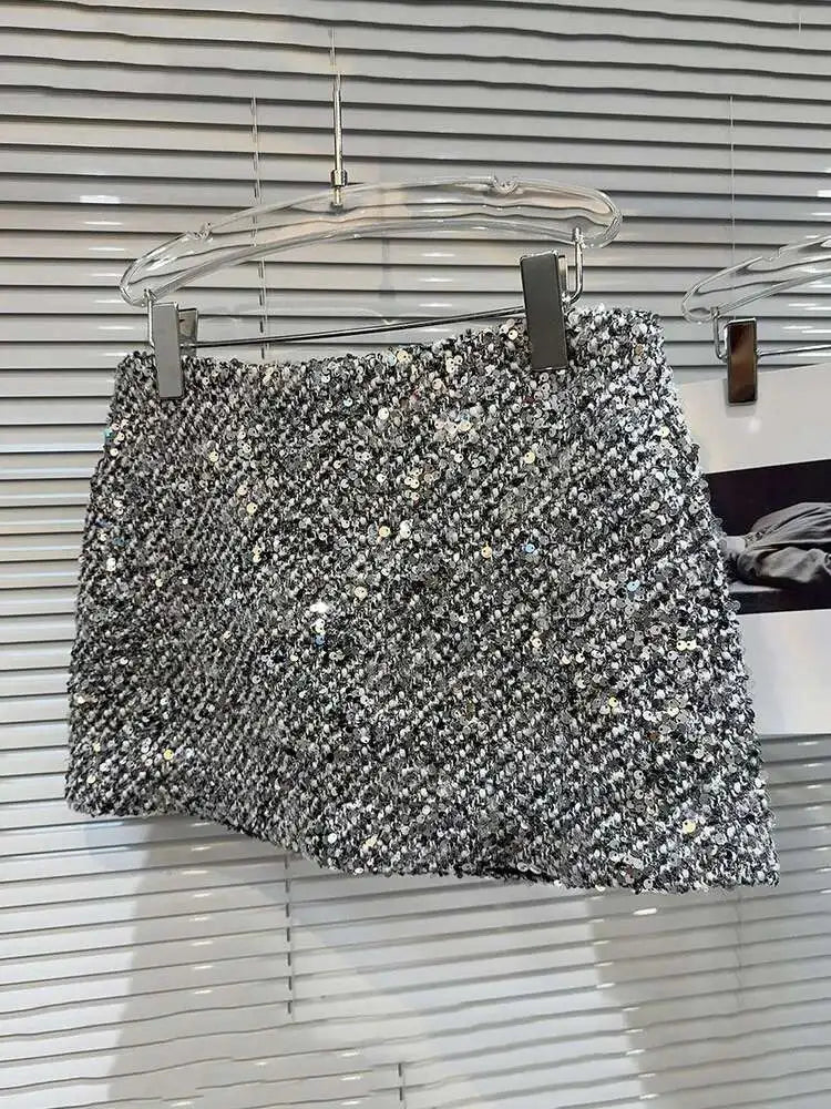 DEAT Trendy New Collection Women's Sequins Tweed Skirts 2025 Spring Fashion Zipper High Waist Wrap Hip Skirt Female 11XX7555