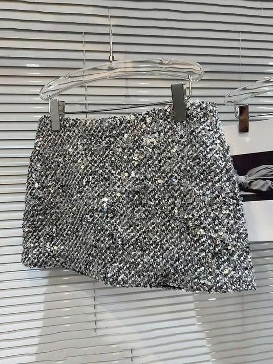 DEAT Trendy New Collection Women's Sequins Tweed Skirts 2025 Spring Fashion Zipper High Waist Wrap Hip Skirt Female 11XX7555