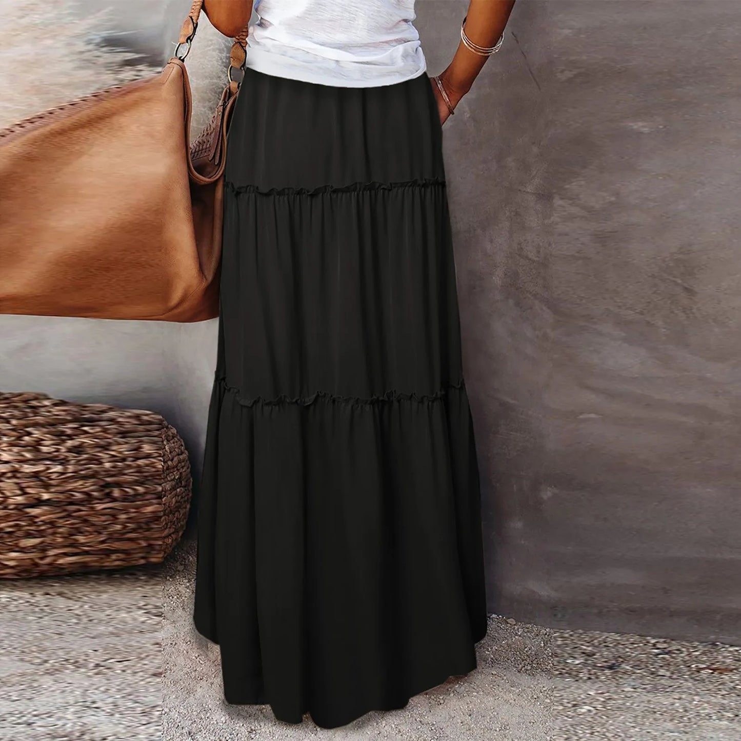 Women long skirt Fashion Solid Color Long Skirts Elastic Waist faldas Loose Casual High Waist saia Versatile Half-Body Dress