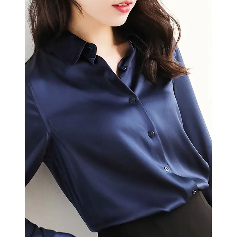 Spring Summer Casual Women's Satin Shirt Lapel Long Sleeve Blouse Loose Solid Color Office Lady Fashion Shirts Top