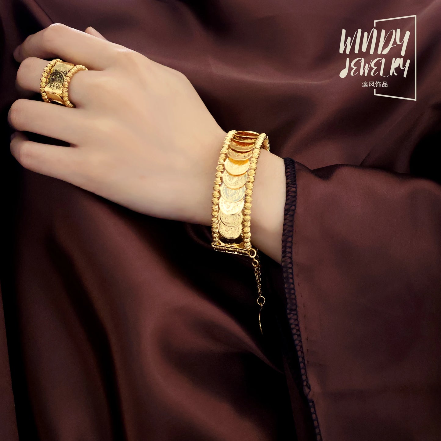 Windy Jewelry Coin Jewelry Sets 24k Gold Plated Dubai Arab Women Luxury Cuff Bangles Bridal Wedding Bracelet Rings