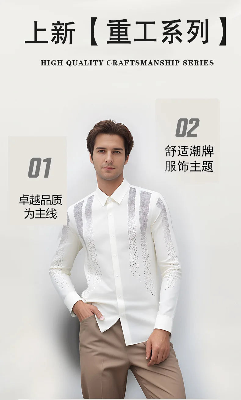 Shiny Rhinestone Long Sleeved Shirt for Men Slim Casual Business Dress Shirts High Quality Versatile Banquet Party Luxury Shirt