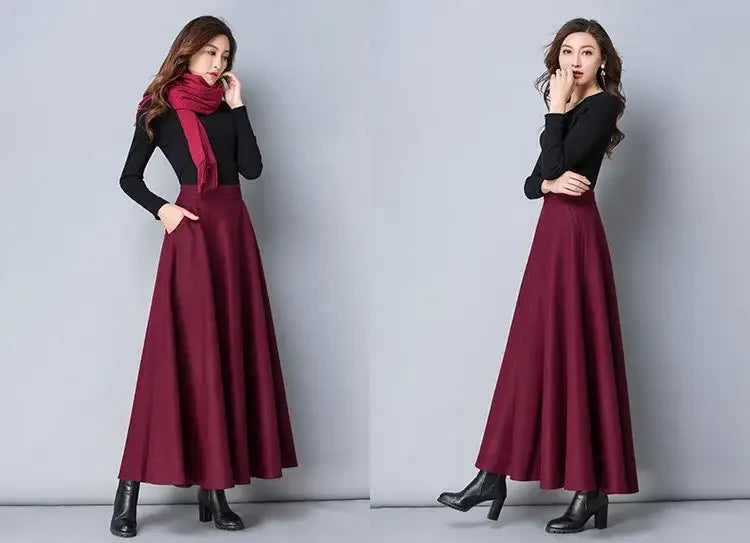 Autumn and Winter Solid Color Woolen Skirt Big Hem A- line Skirt High Waist Long Woman Skirts Mujer Faldas Saias Mulher