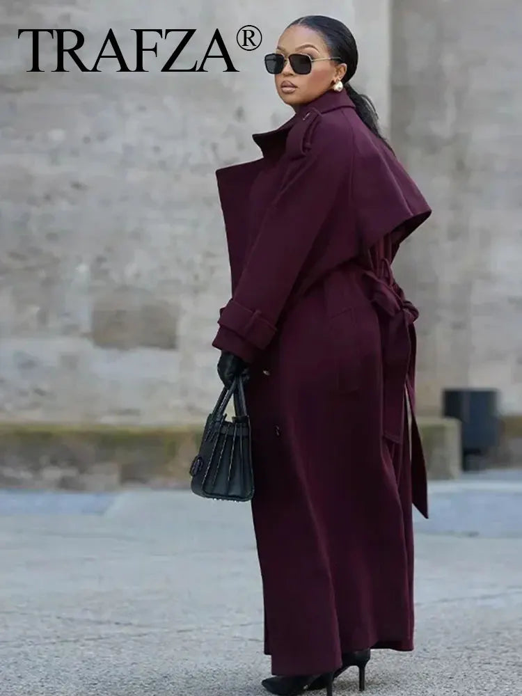 HH Women Elegant Wine Red Coat With Belt Lapel Full Sleeve Double Breasted Lady Overcoat Autumn Winter Female Outwear