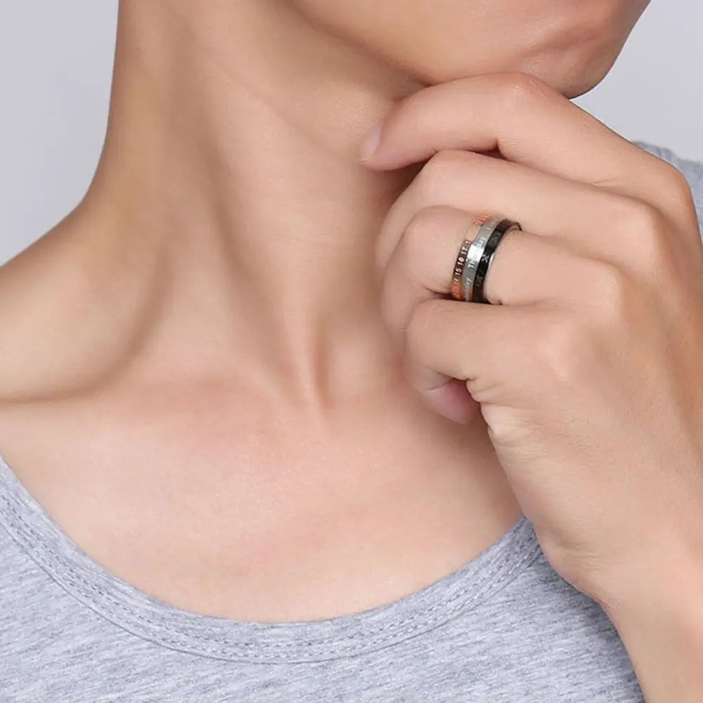 Creative 3 Part Date Time Calendar Titanium Steel Cool Punk Rotatable Joint Ring Finger Ring Fashion Jewelry Men Ring