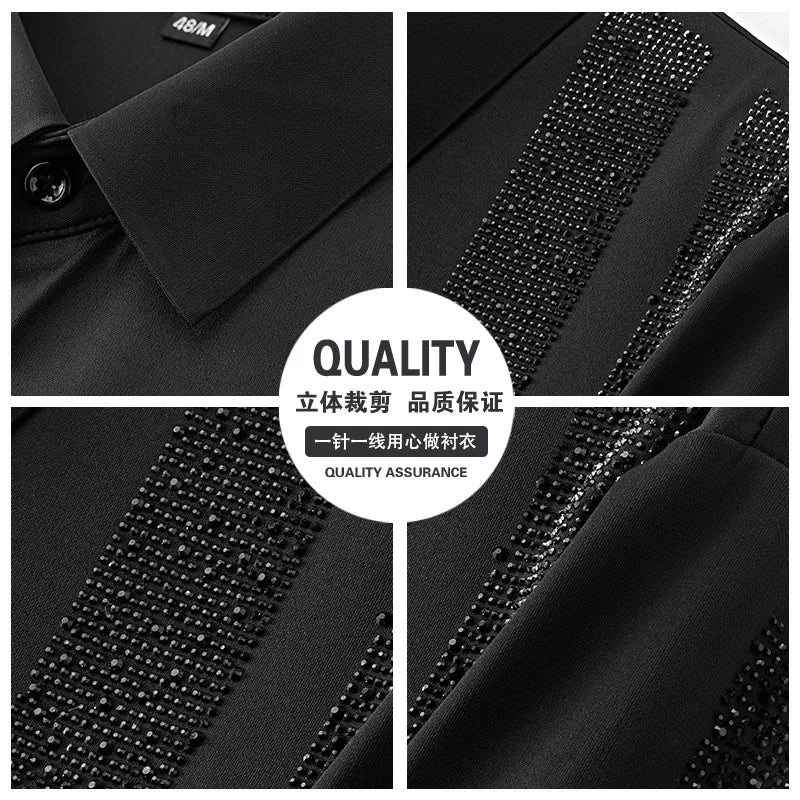 Shiny Rhinestone Long Sleeved Shirt for Men Slim Casual Business Dress Shirts High Quality Versatile Banquet Party Luxury Shirt