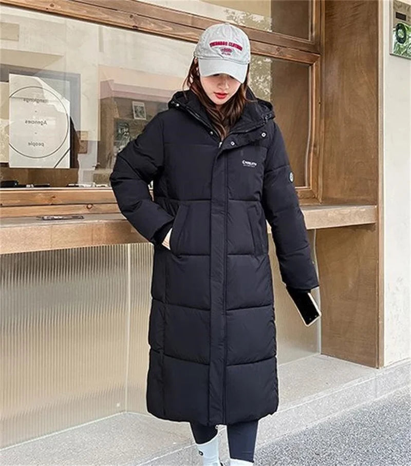 2025 Solid Long Down Parka Women with  Hood  Cotton Padded Jacket Winter Overcoat Fashion Thicken Warm Puffer Coat Female