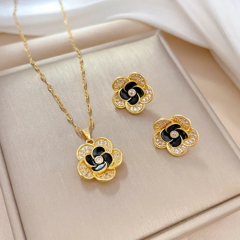 DIEYURO 316L Stainless Steel Lovely Flowers Pendant Necklace Earrings For Women Girl Fashion New Jewelry Set Gift Party Wedding
