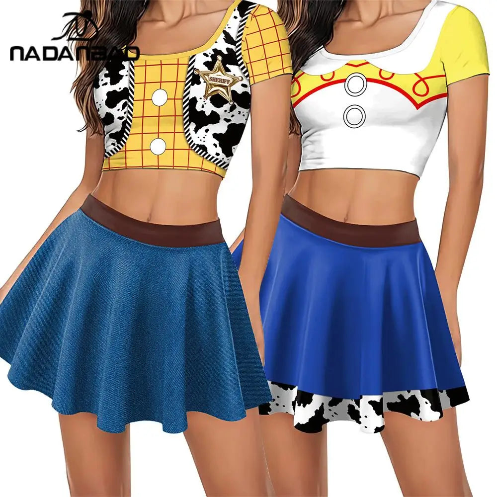 Nadanbao Jessie Halloween Cosplay Skirt for Women 3D Patchwork Printing Crop Top Blue Short Skirt Fashion Cheerleaders Clothing