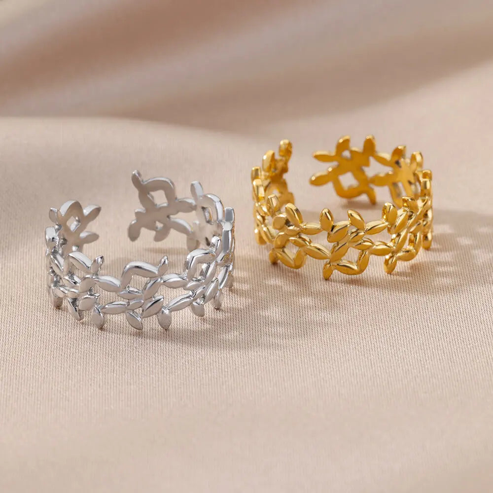 Stainless Steel Twist Chain Adjustable Rings for Women Men Simple Geometric Leave Flower Open Ring Jewelry Female Holiday Gifts