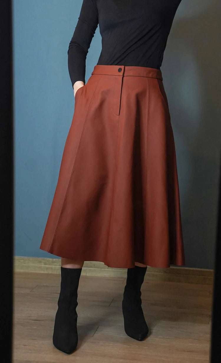 Women Caramel Genuine Leather Skirt 2025 Winter Female Natural Skin A-line Simple Big Hem Pleated Long Faldas Apricot Ropa Mujer