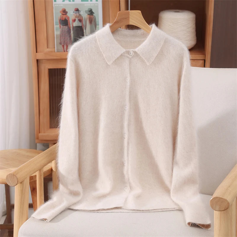 Chic Female Grace Soft Knitwear Women's Polo Collar Button Cardigan 100% Mink Cashmere Sweater Autumn Winter Soft Casual Tops