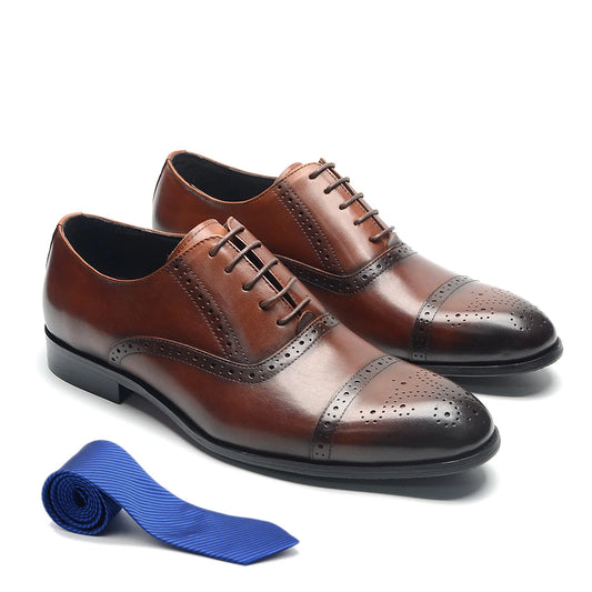 Italian Mens Dress Shoes Genuine Leather Cap Toe Oxfords Lace-up Black Brown Wedding Business Office Brogue Formal Shoes for Men